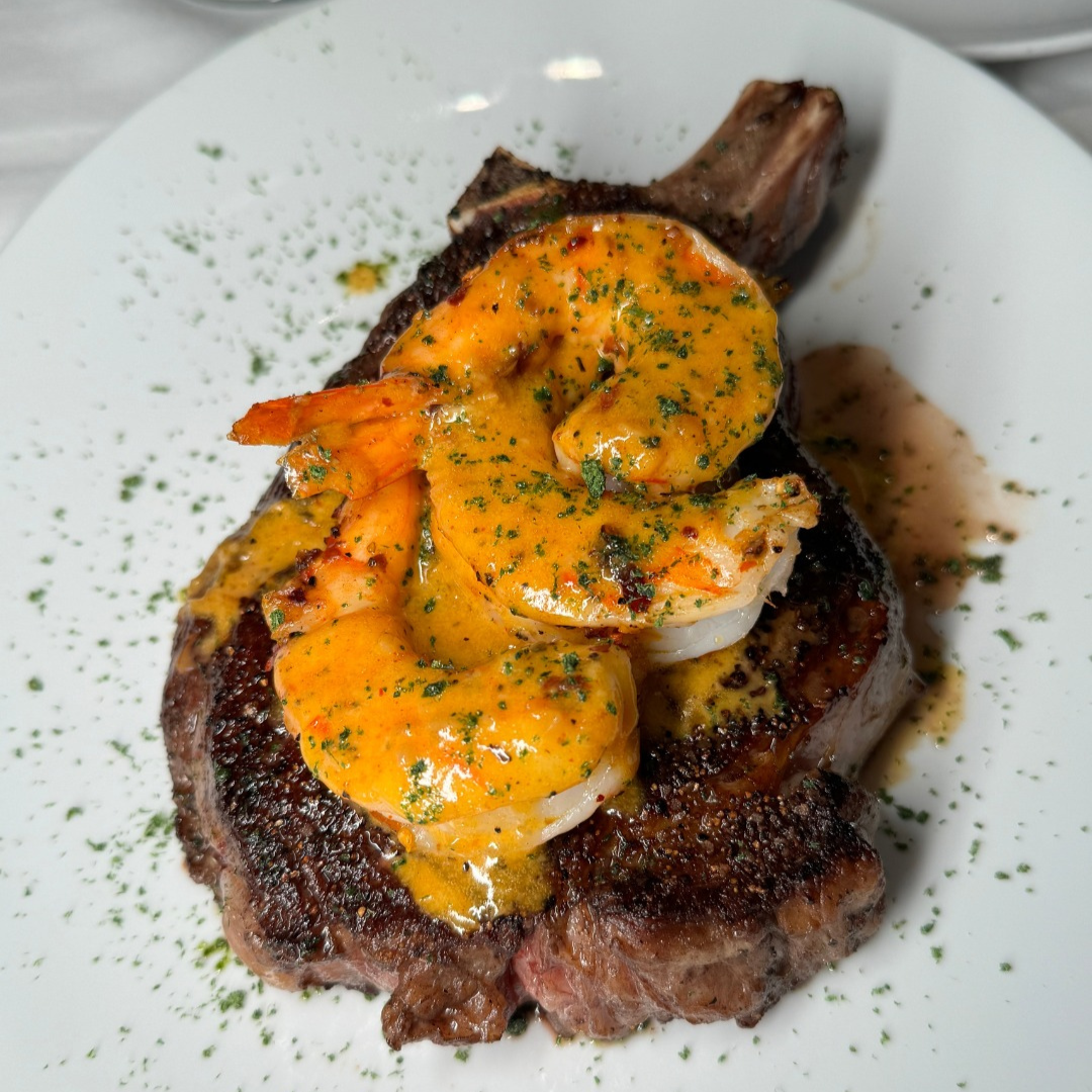 A steak with shrimp topping from Fleming's Steakhouse
