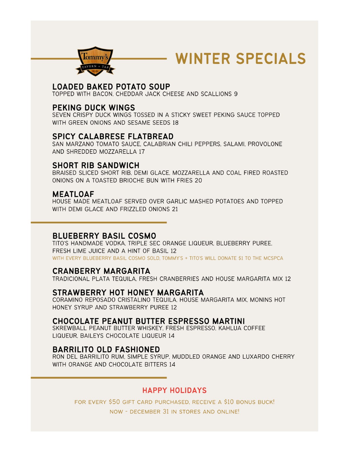 Tommy's Tavern + Tap Winter Specials